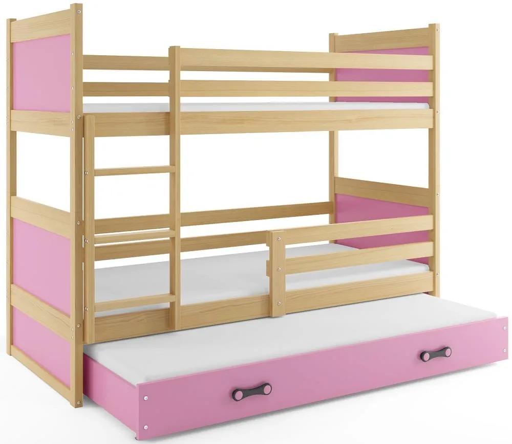 Poschodová posteľ s prístelkou RICO 3 - 200x90cm - Borovica - Ružový