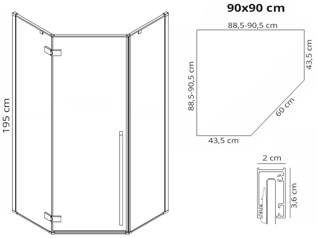 Rea Diamond Black, päťuholníkový sprchový kút 90 x 90 cm, 6mm číre sklo, čierna matná, REA-K5622