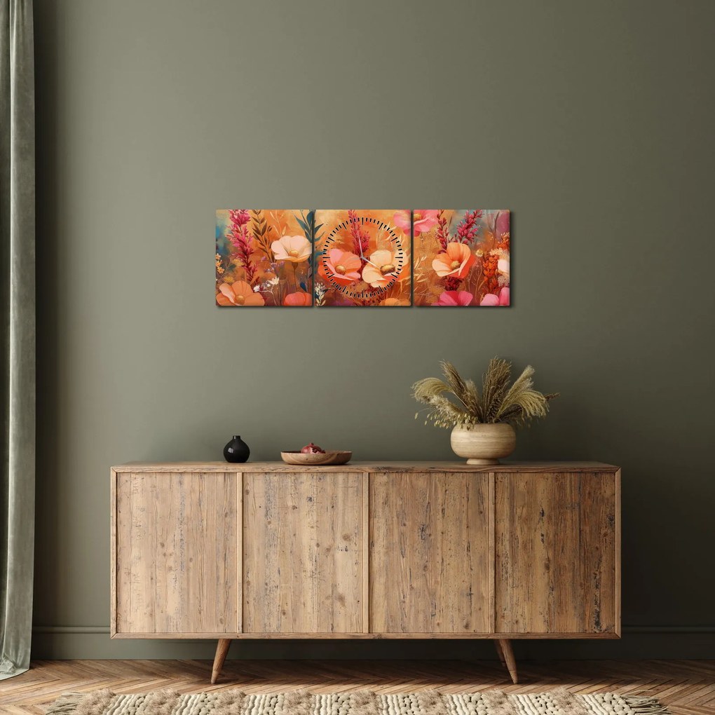 Obraz - Lúčne kvety, maľba (s hodinami) (90x30 cm)