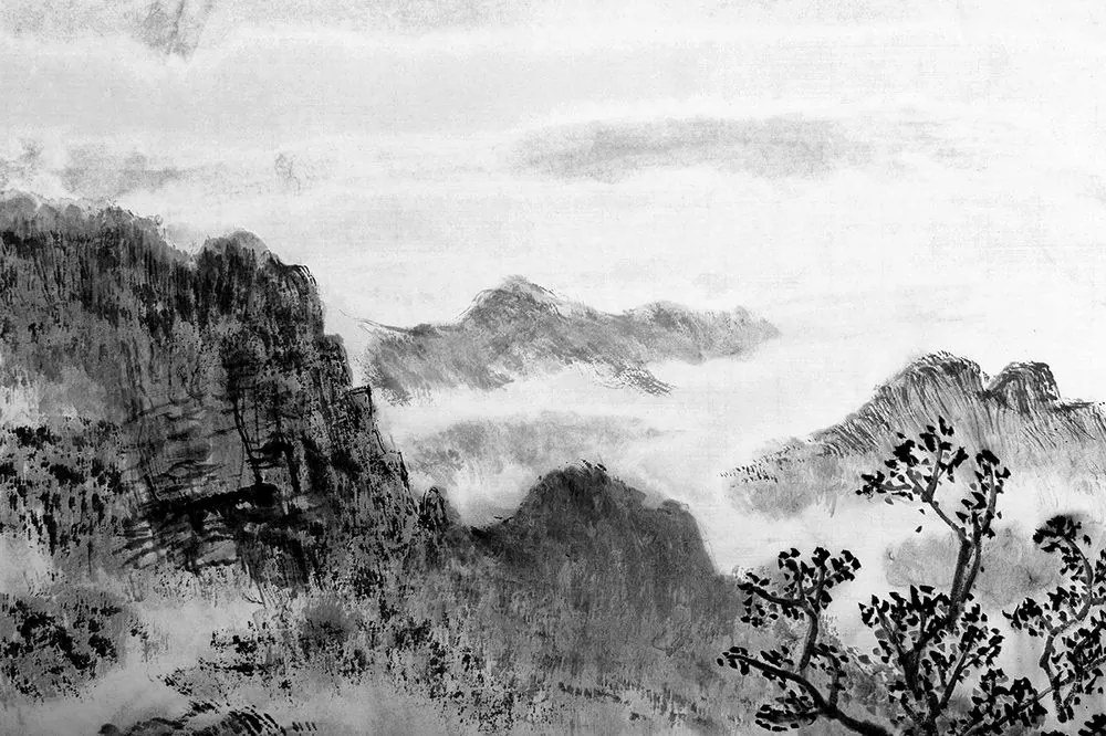 Tapeta čiernobiela čínska maľba krajiny - 150x100