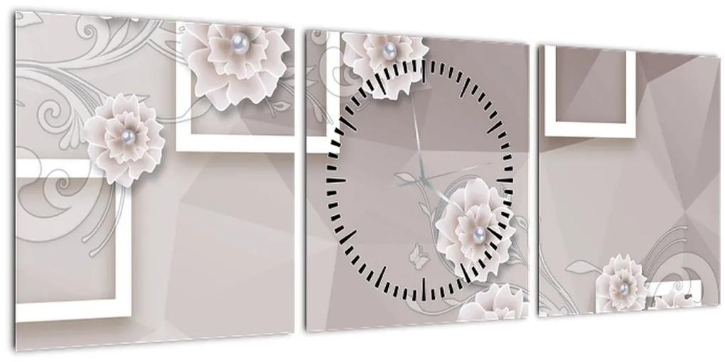 Obraz s béžovými kvetmi (s hodinami) (90x30 cm)