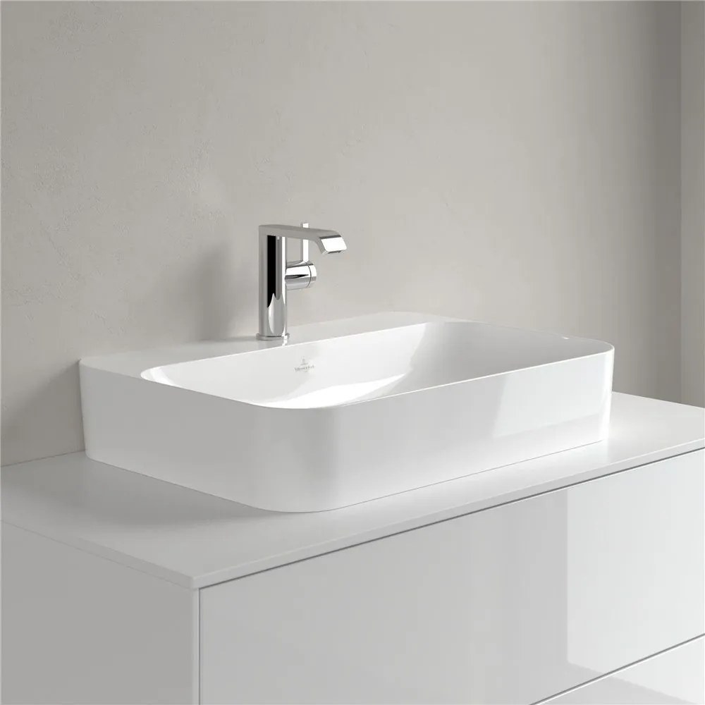 VILLEROY & BOCH Finion obdĺžnikové umývadlo na dosku s otvorom, bez prepadu, 600 x 445 mm, biela alpská, s povrchom CeramicPlus, 414261R1