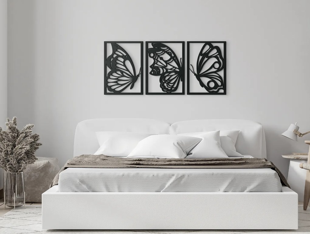 drevko 3-dielny obraz na stenu Motýle Rozmer obrazu: 28,5 x 65 cm, Farba dekorácie: Čierna