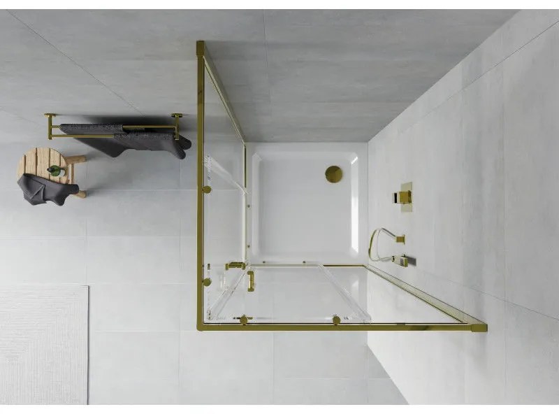 Mexen Rio, štvorcový sprchovací kút s posuvnými dverami 70(dvere) x 70(dvere) x 190 cm, 6mm číre sklo, zlatý profil + sprchová vanička SLIM so zlatým sifónom, 860-070-070-50-00-4010G