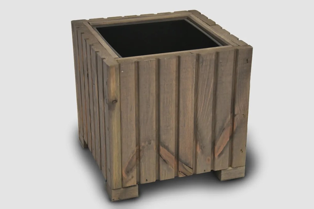 Štvorcový drevený truhlík s plastovou vložkou - sivý, 25x25x25
