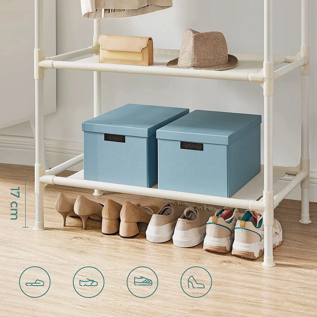 Stojan na šaty s 2 úložnými policami, kovový, biely