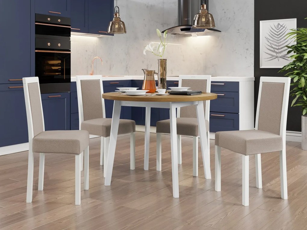 Jedálenský stôl so 4 stoličkami AL01, Morenie: biela - L, Poťahové látky: Hygge D91, Farby nožičiek: sonoma