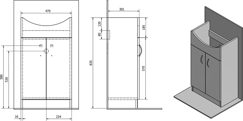 Aqualine SIMPLEX ECO 50 umývadlová skrinka vrátane umývadla 47x83, 5x29cm SIME500