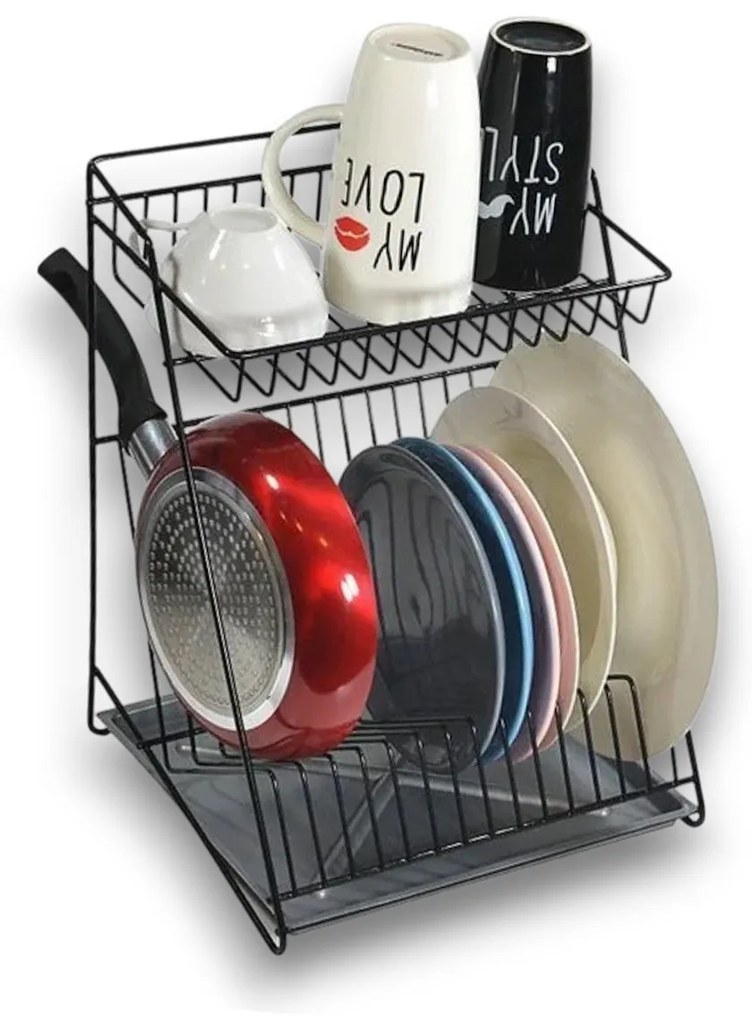 ALTOM Odkvapkávač na riad dvojposchodový, až na 14 tanierov, čierny kov