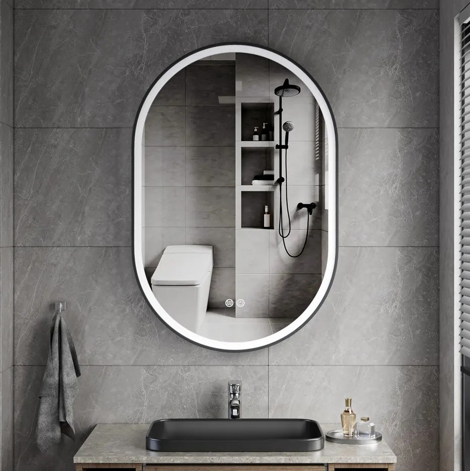 Erga Gwen, oválne LED zrkadlo 60x90cm v čiernom kovovom ráme, 3 farby svetla, predné osvetlenie, vyhrievacia podložka proti zapareniu, ERG-V01-GWEN-6090-BK