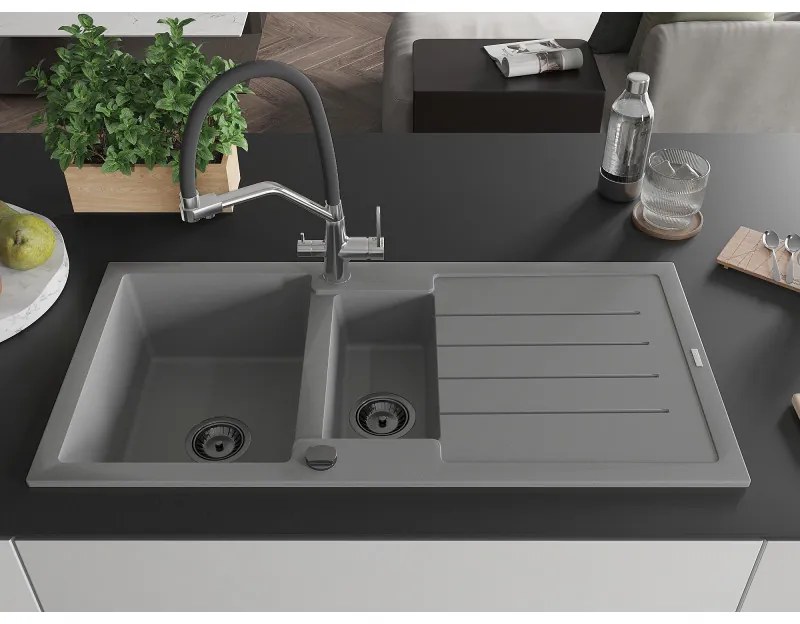 Mexen Andres, granitový drez 1000x500x200 mm, 1,5-komorový a drezová batéria Duo, šedá, 6515-71-671701-07-B