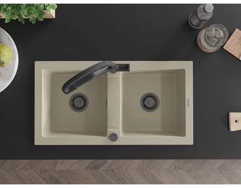 Mexen Mario, granitový drez 820x436x161 mm, 2-komorový a drezová batéria Duo, béžová, 6504-69-671701-70-B