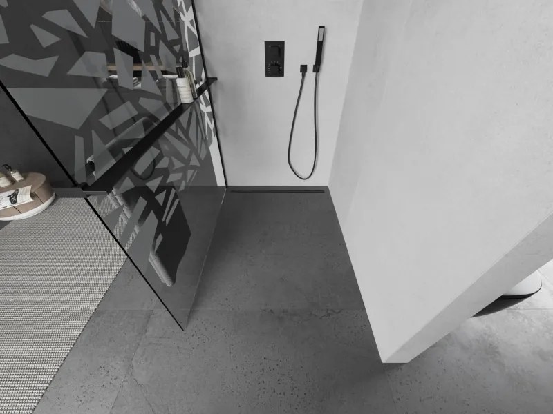 Mexen Kioto+ L, sprchová zástena Walk-In s poličkou a vešiakom 80 x 200 cm, 8mm číre sklo biely vzor, čierny profil, 800-080-123-70-85