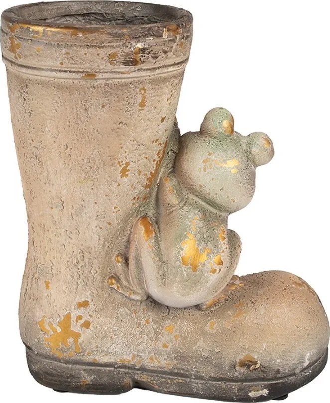 Dekoratívny kvetináč vysoká topánka s kvetinou a žabkou - 26*15*30 cm