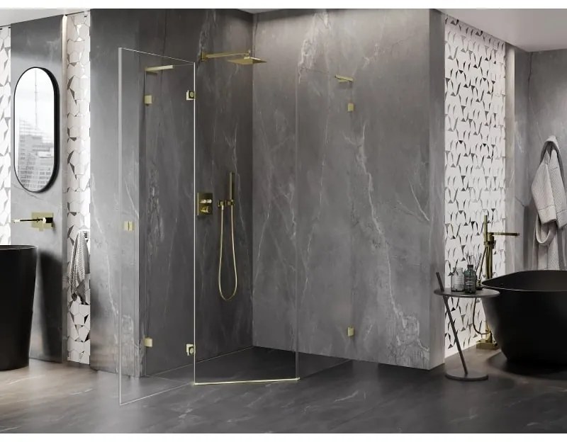 Mexen Lunar, L päťuholníkový sprchový kút naklápací doľava 80 x 100 cm, 8mm číre sklo, zlatý matný profil, 831L-080L-100P-55-00-L