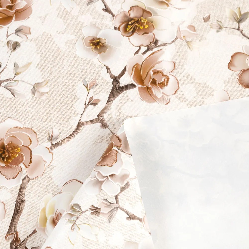 PVC obrus Hnedé kvety sakury na režnom PV-207 - metráž š. 140 cm