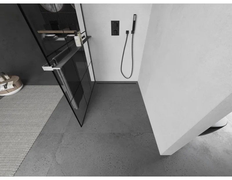 Mexen Kioto+, sprchová zástena Walk-In s poličkou a vešiakom 100 x 200 cm, 8mm číre sklo čierny vzor, grafitový profil, 800-100-121-95-77