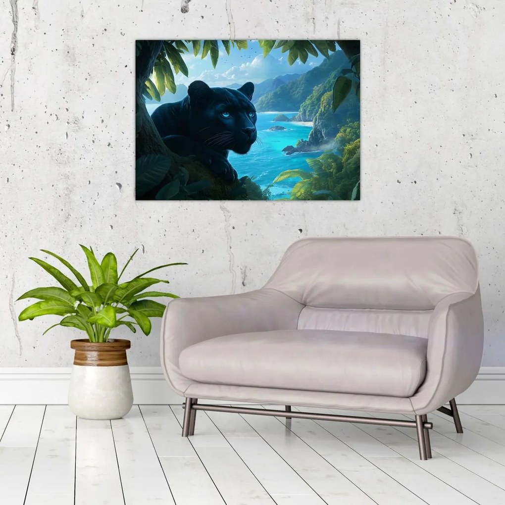 Sklenený obraz - Čierny panter v džungli (70x50 cm)