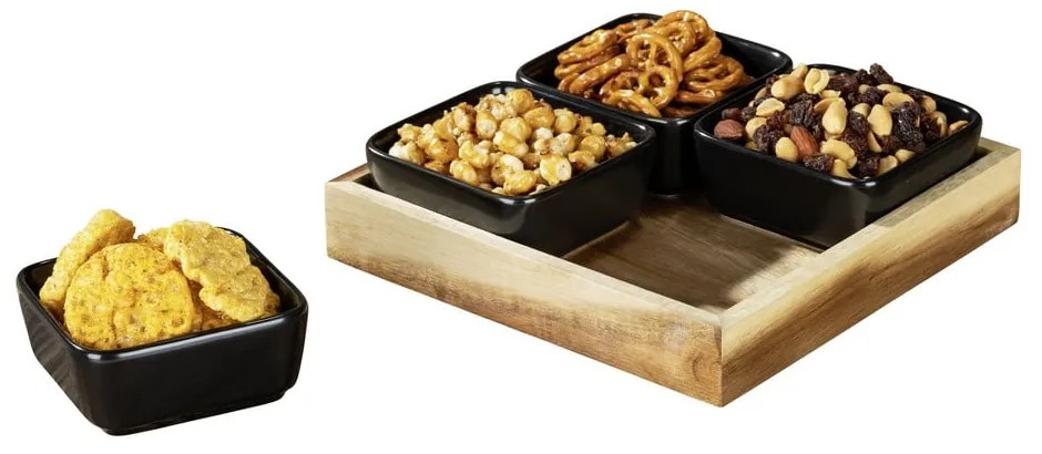 Čierne keramické servírovacie misy v súprave 4 ks s podnosom Elo - Wenko