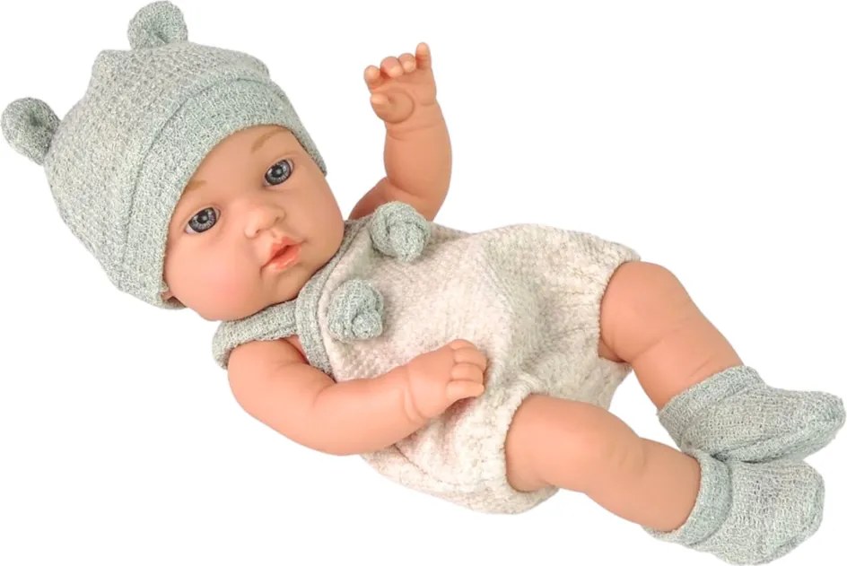 LEAN Toys Bábika bábätko v sivom oblečení, čiapka a slintáčik 18 cm