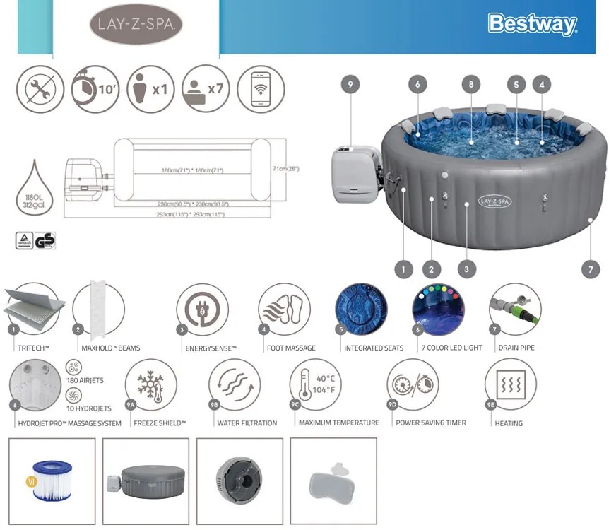 Vírivka Lay-Z-Spa SANTORINI PRO 7 LED hydromassage pre 5-7 osôb Bestway  6001T
