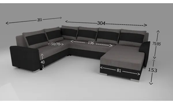Čalúnená univerzálna rozkladacia sedacia súprava v tvare U OXFORD, čierna/šedá