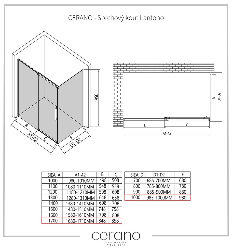 CERANO - Sprchovací kút Lantono L/P - 8 mm - čierna matná, grafitové sklo - 170x100 cm - posuvný, CER-CER-8050BD7538