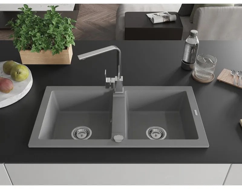 Mexen Mario, granitový drez 820x436x161 mm, 2-komorový, šedá s chrómovým sifónom a chrómová drezová batéria Rita, 6504-71-670300-00