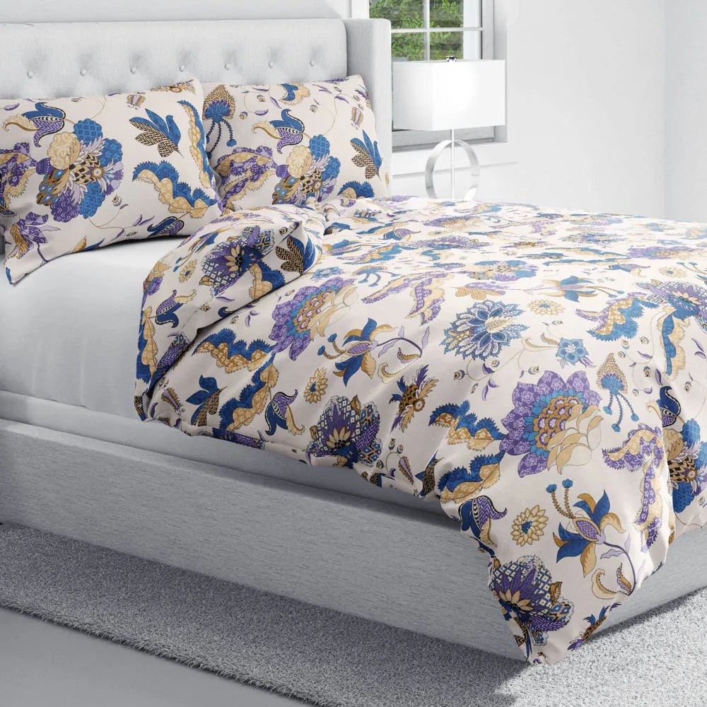 Biante Bavlnené posteľné obliečky Sandra SA-539 Modro-fialové orientálne kvety na svetlo béžovom Jednolôžko 140x200 a 70x90 cm