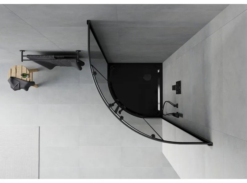 Mexen Rio, štvrťkruhový sprchovací kút s posuvnými dverami 90(dvere) x 90(dvere) x 190 cm, 6mm šedé sklo, čierny profil + čierna sprchová vanička Slim, 863-090-090-70-40-4170B