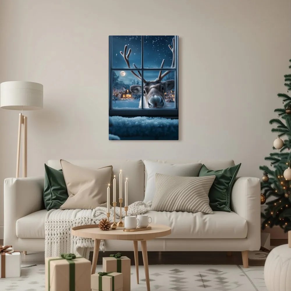 Vianočný obraz roztomilý sob za zasneženým oknom