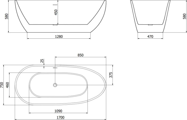 Mexen Eos, voľne stojaca vaňa 170 x 75 cm, biela, medený prepad, 52471707500-65