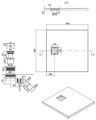 Cersanit Tako Slim, štvorcová sprchová vanička 90x90x4 cm + biely sifón, biela, S932-158