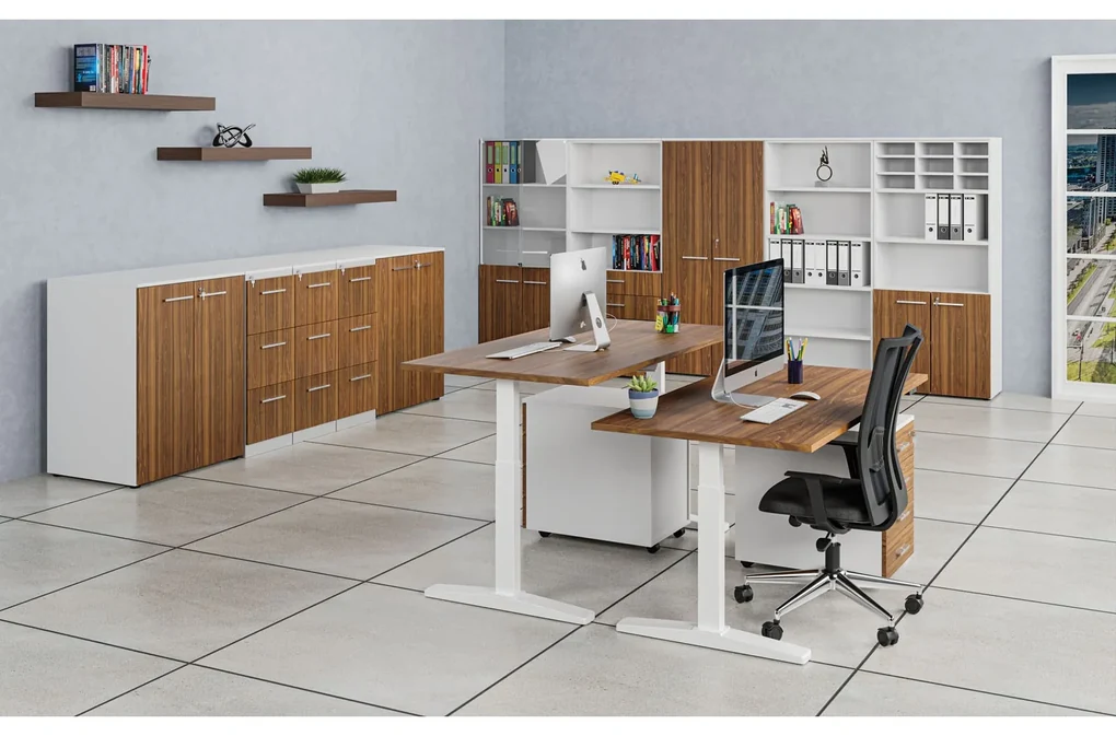 Kancelárska skriňa s dverami PRIMO WHITE, 800 x 420 x 2128 mm, biela/orech