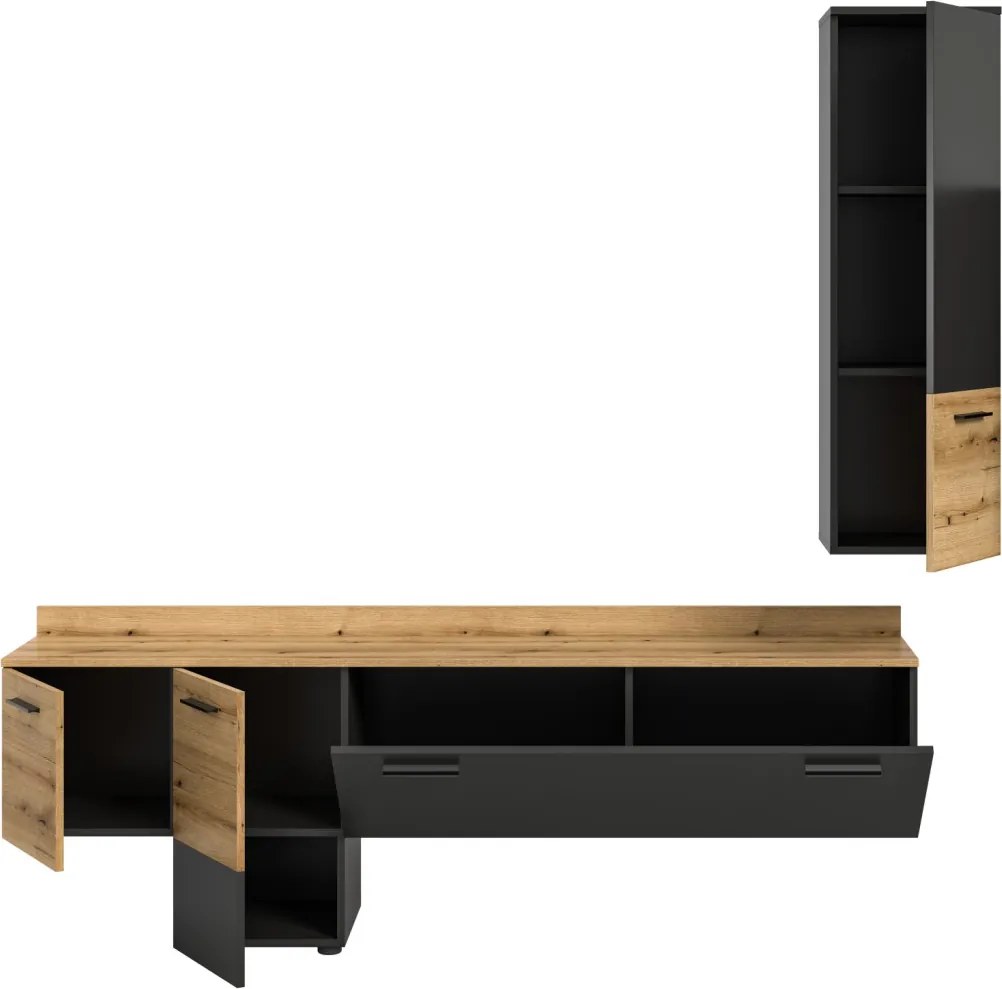 Obývacia stena s osvetlením Goul, tmavo šedá/dub evoke