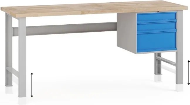 Výškovo nastaviteľný dielenský stôl G7, buková škárovka, 2000 x 800 x 840-1040 mm, 1x kontajner, 3 zásuvky, modrá