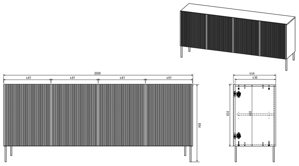 Komoda Nicole 200 cm - čierny mat / zlatá