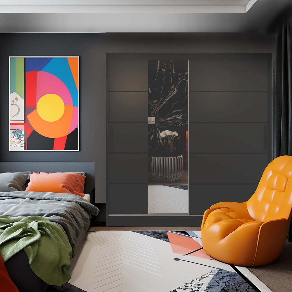 Šatníková skriňa 200 cm Belini čierny mat s posuvnými dverami zrkadlom a zásuvkami MBP SZP5/1/B/B/0/KLP