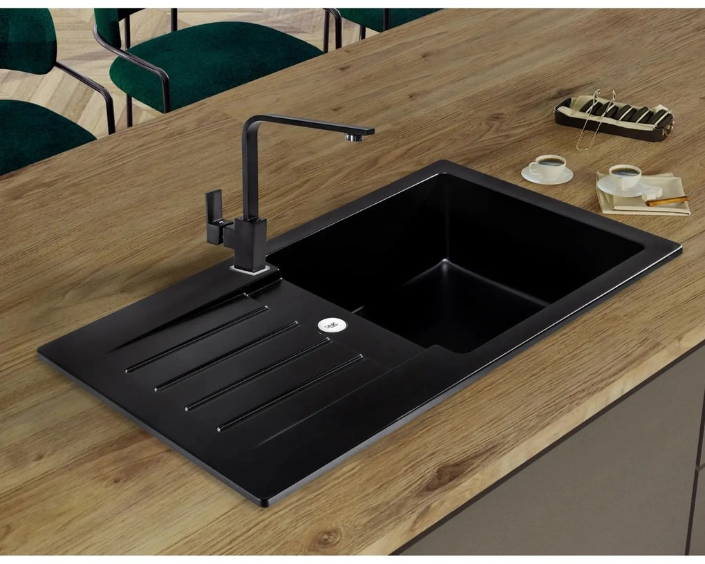 Sink Quality Natalie, kuchynský granitový drez 770x450x170 mm + chrómový sifón, čierna, SKQ-NAT.C.1KDO.X