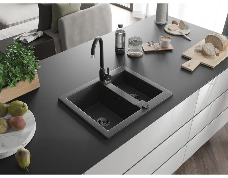 Mexen Carlos, granitový drez 582x475x177 mm, 1,5-komorový a čierna drezová batéria Telma, čierna škvrnitá, 6518-76-670200-70-B