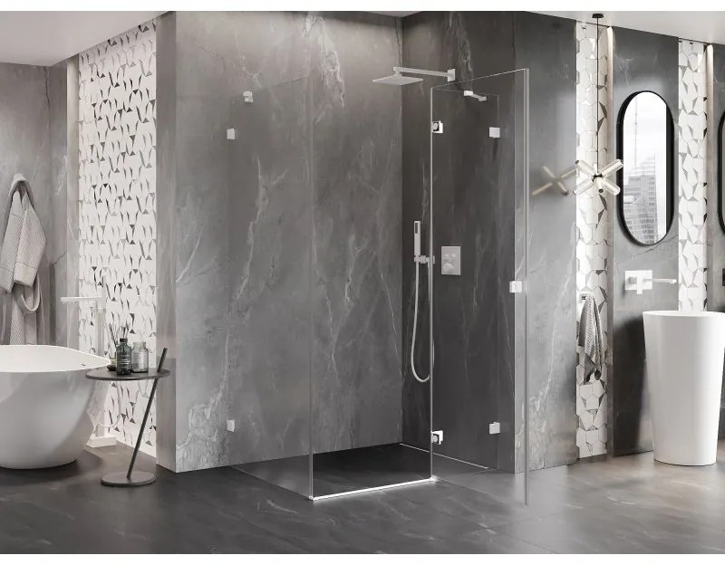 Mexen Lunar, pravostranný výklopný sprchový kút 85 x 90 cm, 8mm číre sklo, biely profil, 834-085-090-20-00-P