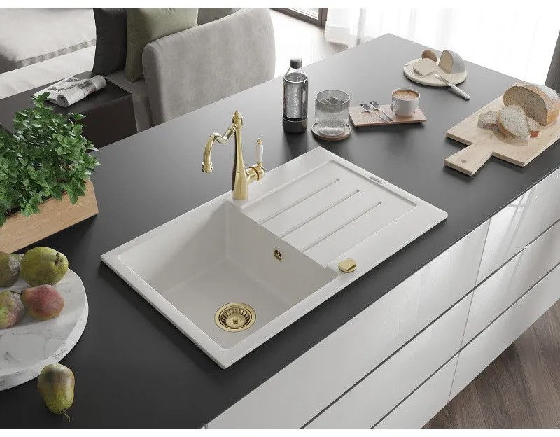 Mexen Bruno, granitový drez 795x495x200 mm, 1-komorový a drezová batéria Carla, biela, 6513-20-670700-50