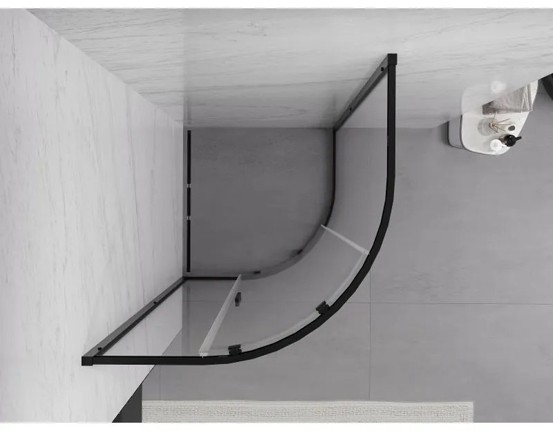 Mexen Exo, štvrťkruhový sprchovací kút s posuvnými dverami 80 x 80 cm, 6mm číre sklo, čierny profil, 8131-080-080-70-00