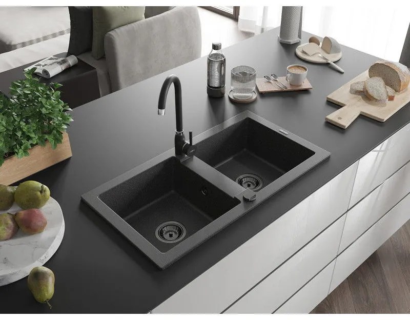 Mexen Mario, granitový drez 820x436x161 mm, 2-komorový, čierna-škvrny s čiernym sifónom, 6504822000-76-B
