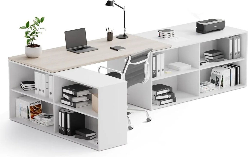 Kancelársky písací stôl s úložným priestorom BLOCK B02, 320x160 cm, biela/dub prírodný