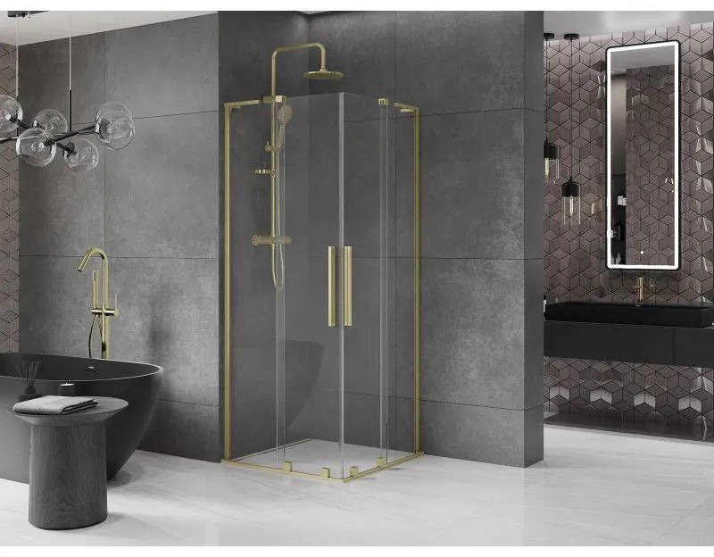 Mexen Velar L Duo, sprchový kút s posuvnými dverami 100 x 100 cm, 8mm číre sklo, zlatá matná, 871-100-100-02-03-55