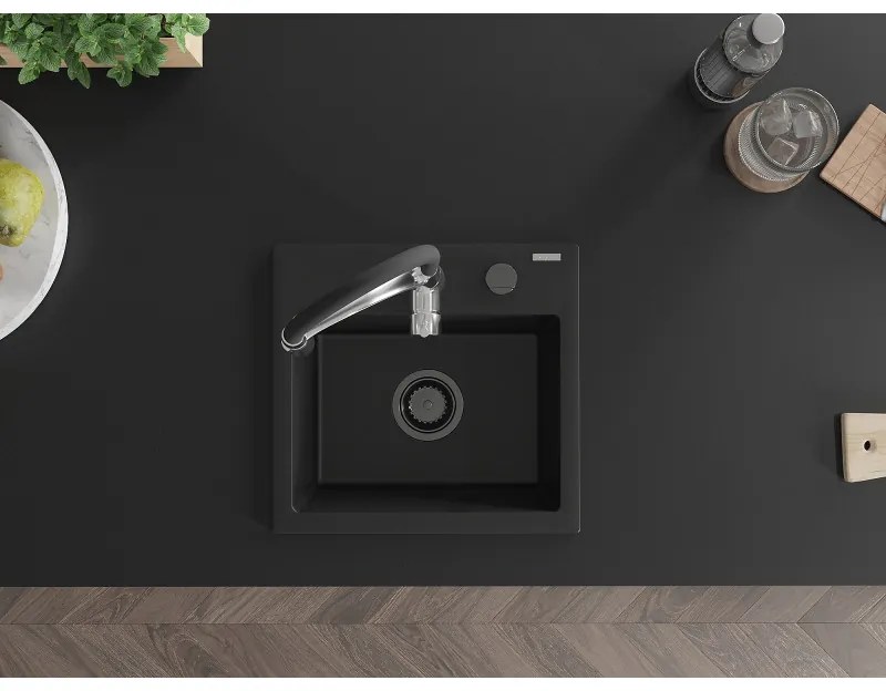 Mexen Milo, 1-komorový granitový drez 435x410x171 mm a drezová batéria Aster, čierna, 6505-77-73450-07-B