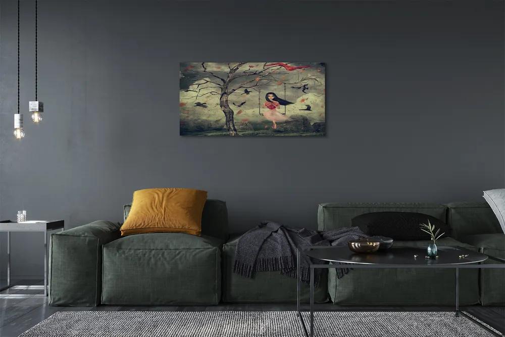 Obraz canvas Strom vtáky mraky dievča rocková 100x50 cm