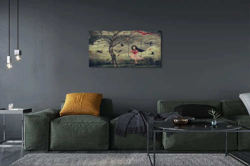 Obraz canvas Strom vtáky mraky dievča rocková 125x50 cm