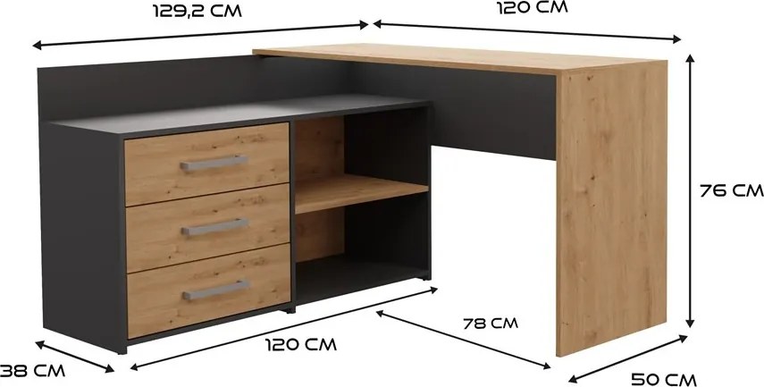 Rohový písací stôl ľavý + komoda DANY antracit/dub artisan